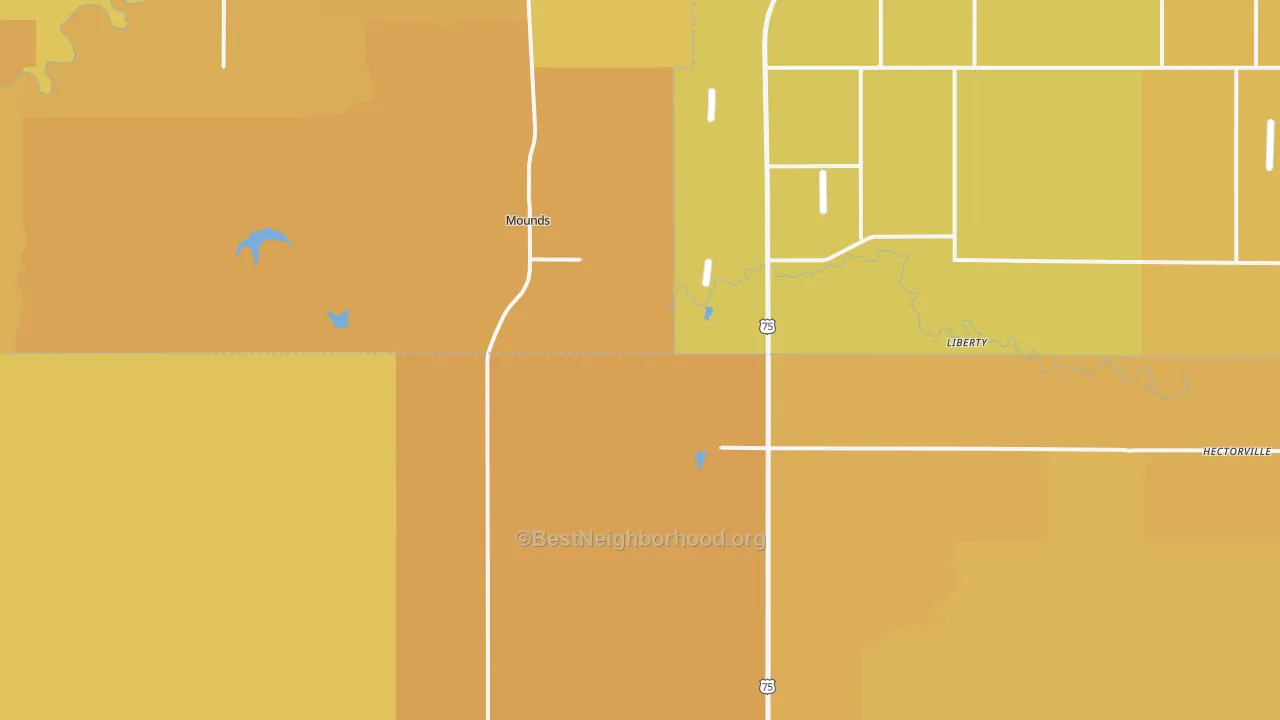 Map of the best neighborhoods in the Mounds area, with better matches in green and worse matches in red