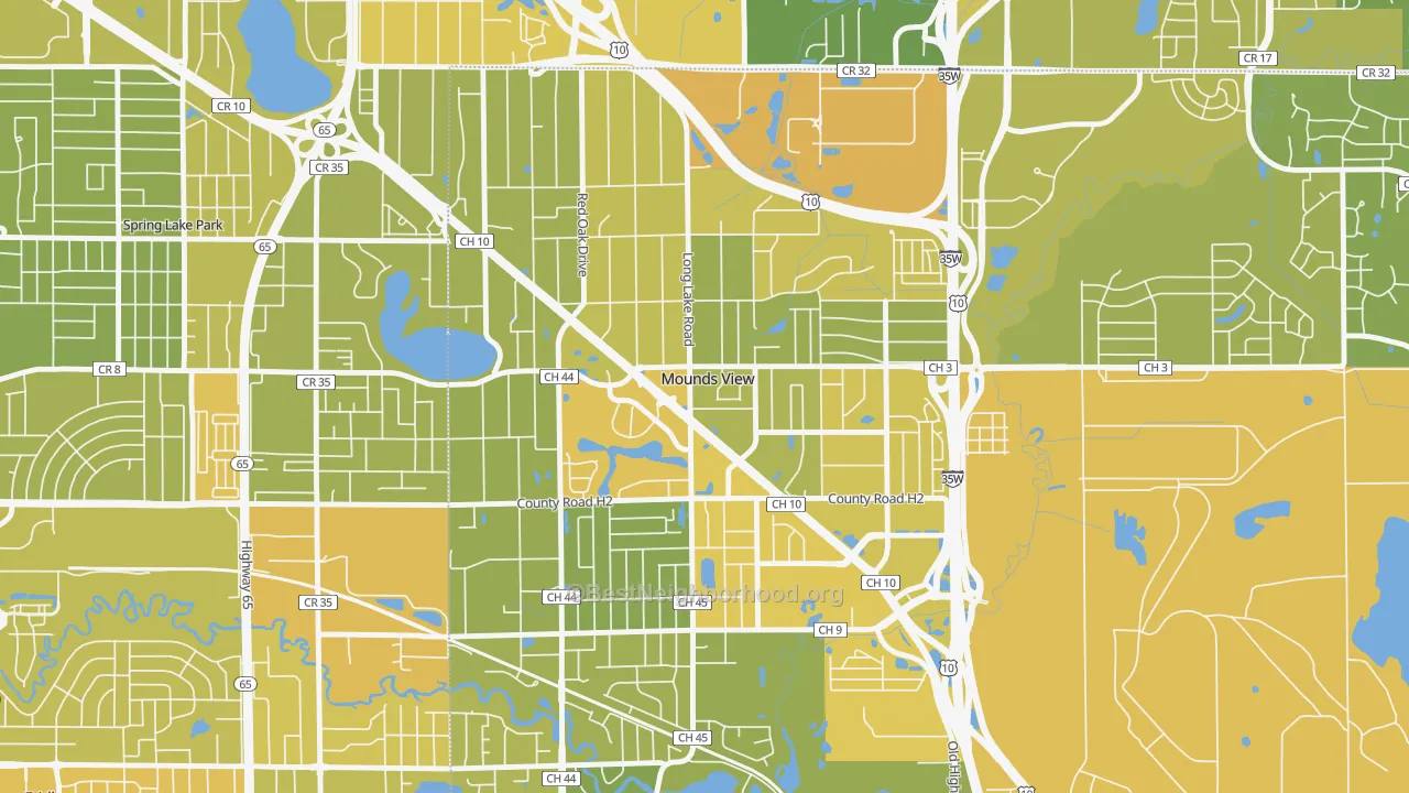 Map of the best neighborhoods in the Mounds View area, with better matches in green and worse matches in red
