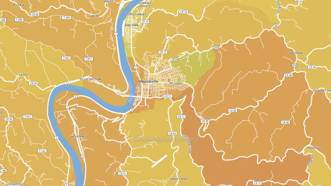 Map of the best neighborhoods in the Moundsville area, with better matches in green and worse matches in red
