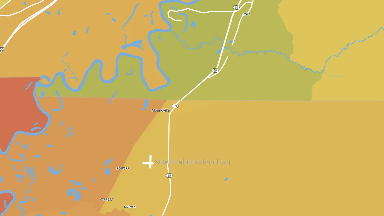 Map of the best neighborhoods in the Moundville area, with better matches in green and worse matches in red