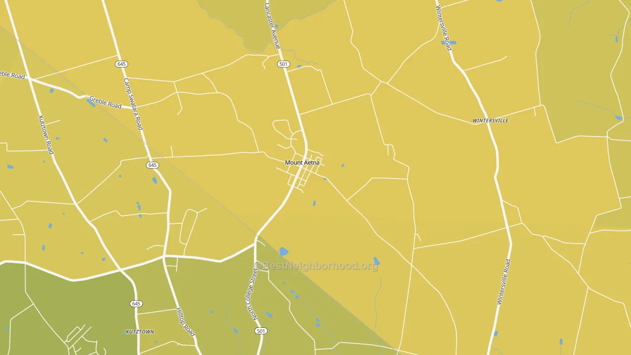 Map of the best neighborhoods in the Mount Aetna area, with better matches in green and worse matches in red