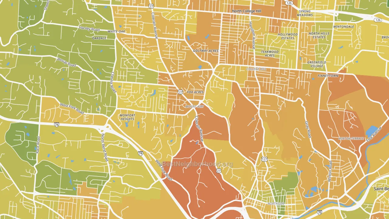Map of the best neighborhoods in the Mount Airy, Cincinnati area, with better matches in green and worse matches in red