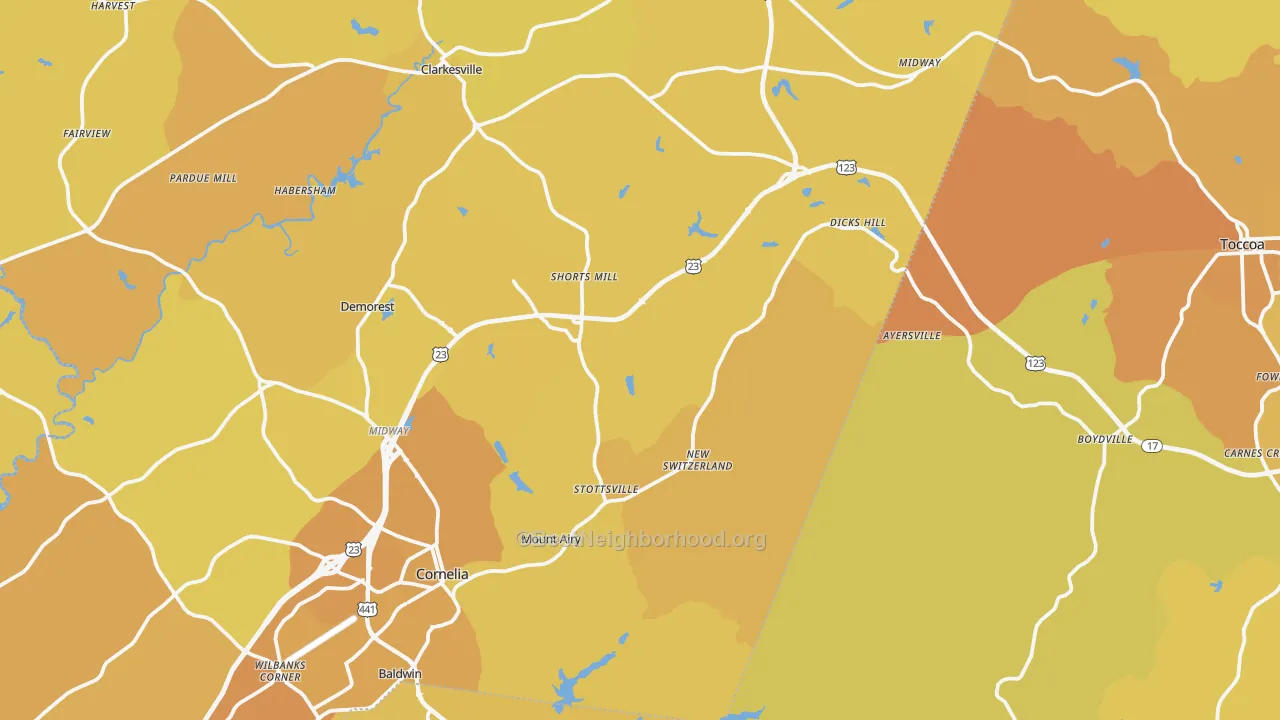 Map of the best neighborhoods in the Mount Airy area, with better matches in green and worse matches in red