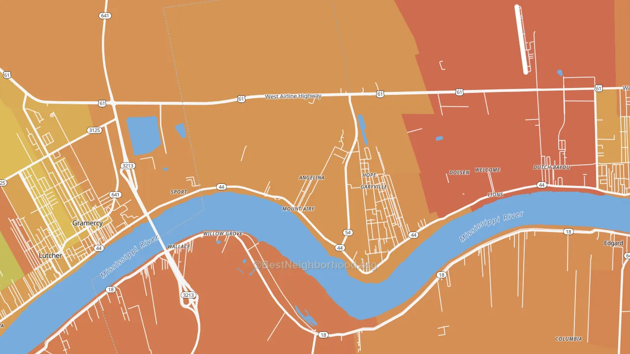Map of the best neighborhoods in the Mount Airy area, with better matches in green and worse matches in red