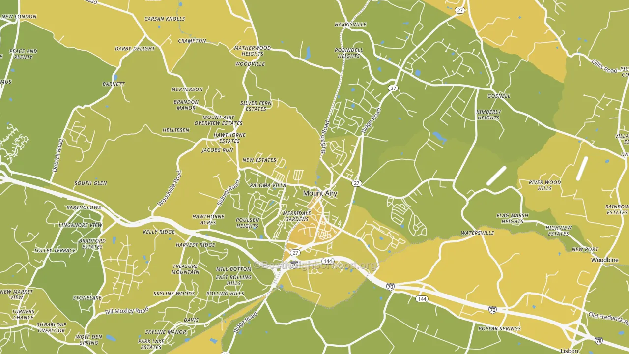 Map of the best neighborhoods in the Mount Airy area, with better matches in green and worse matches in red