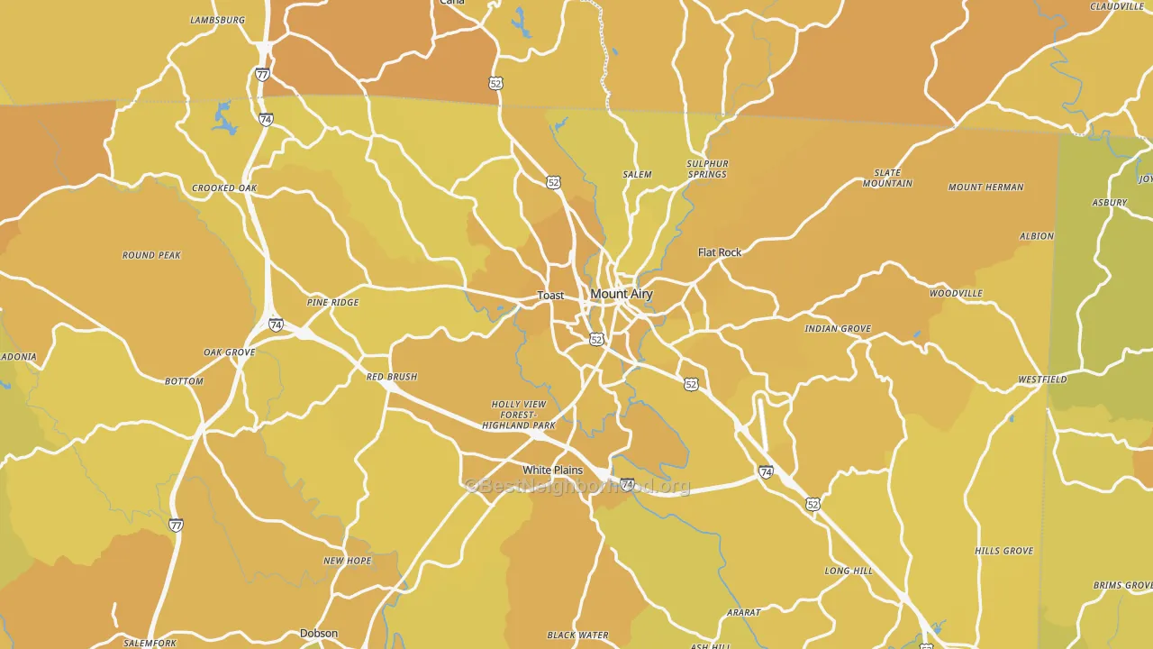 Map of the best neighborhoods in the Mount Airy area, with better matches in green and worse matches in red