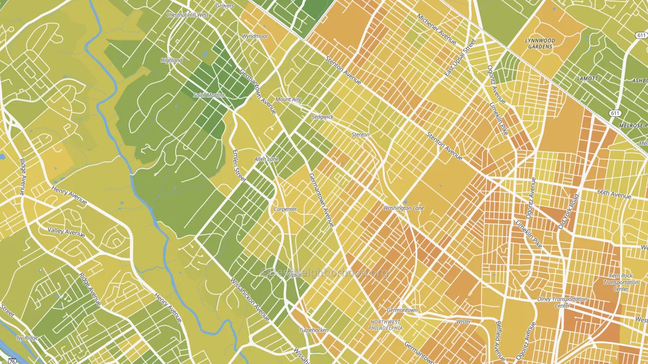 Map of the best neighborhoods in the Mount Airy, Philadelphia area, with better matches in green and worse matches in red