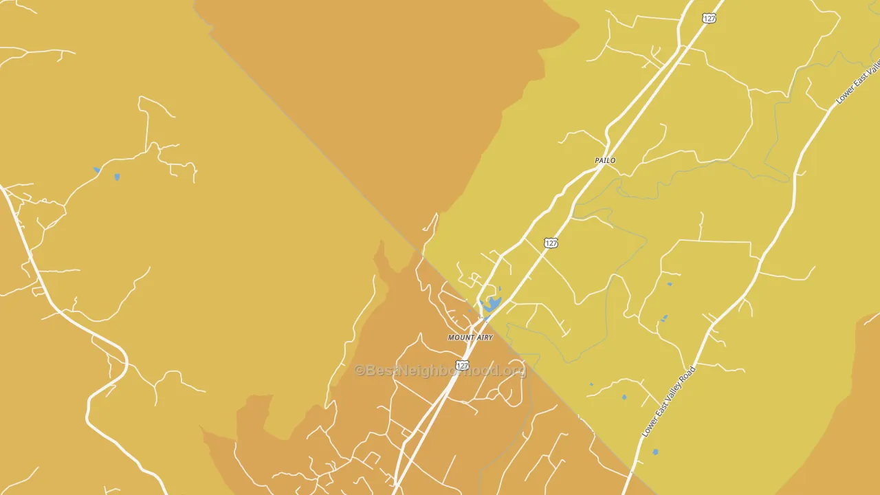Map of the best neighborhoods in the Mount Airy area, with better matches in green and worse matches in red