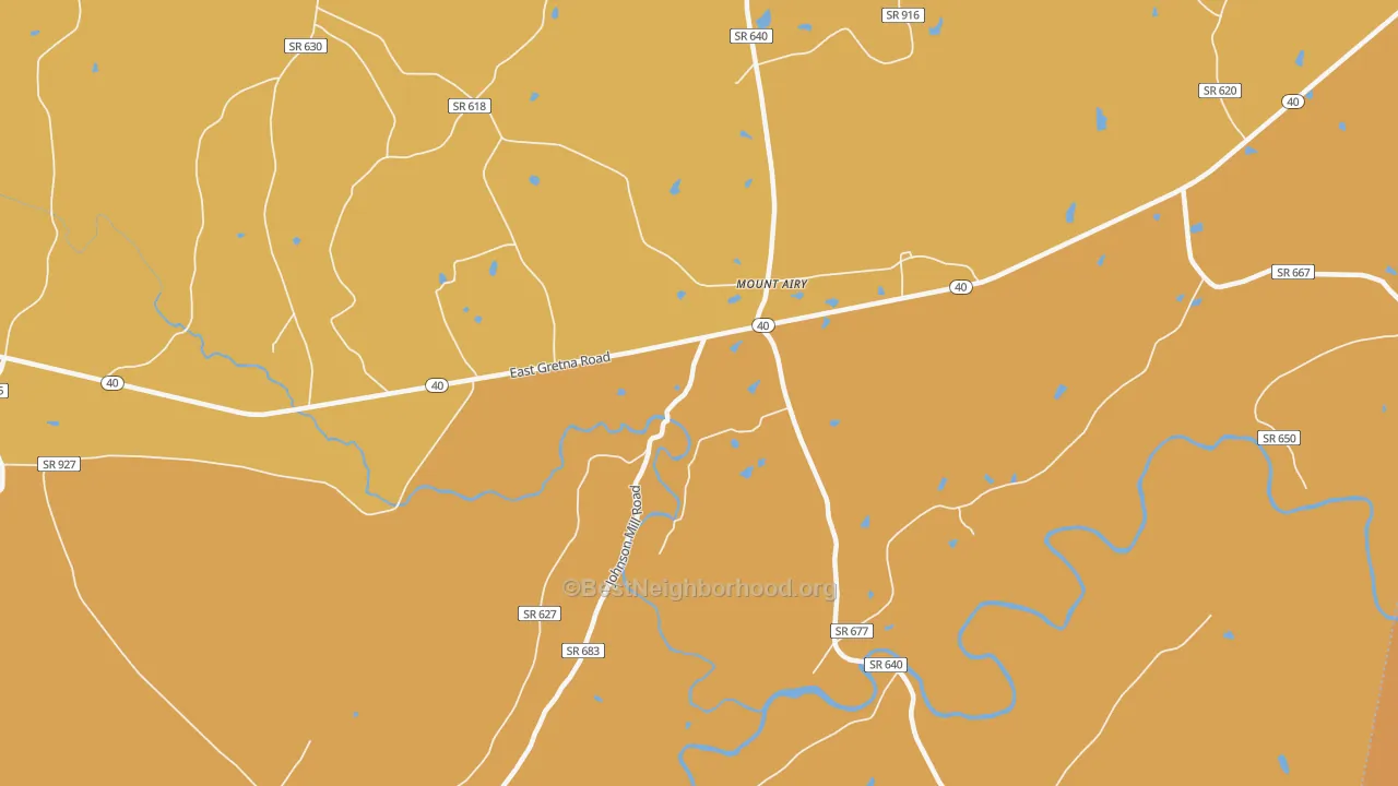 Map of the best neighborhoods in the Mount Airy area, with better matches in green and worse matches in red