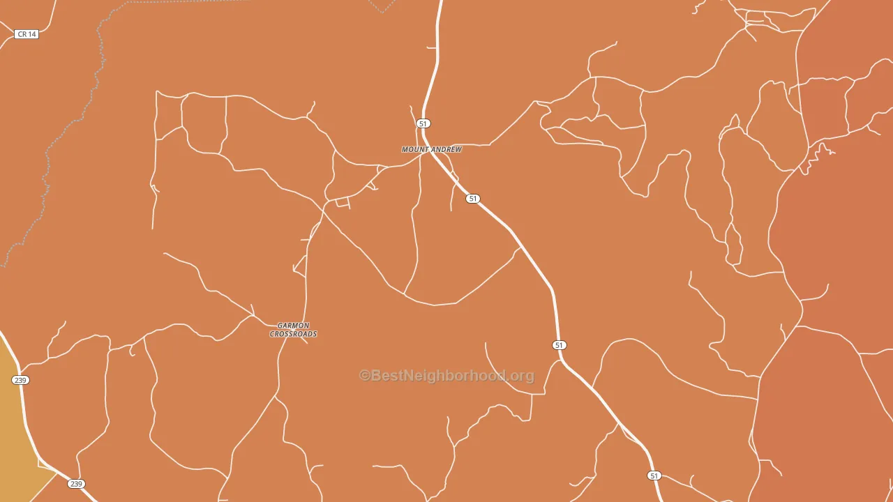 Map of the best neighborhoods in the Mount Andrew area, with better matches in green and worse matches in red