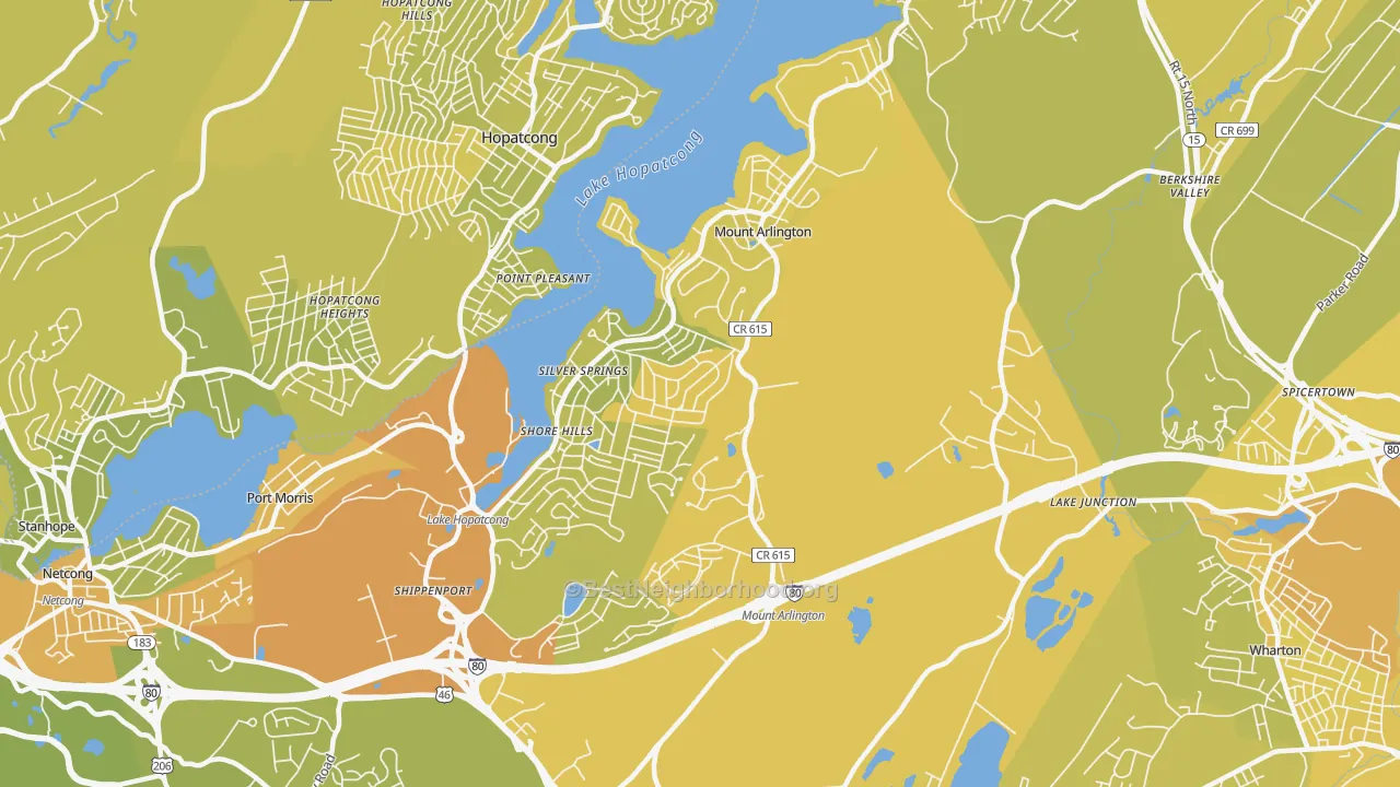 Map of the best neighborhoods in the Mount Arlington area, with better matches in green and worse matches in red