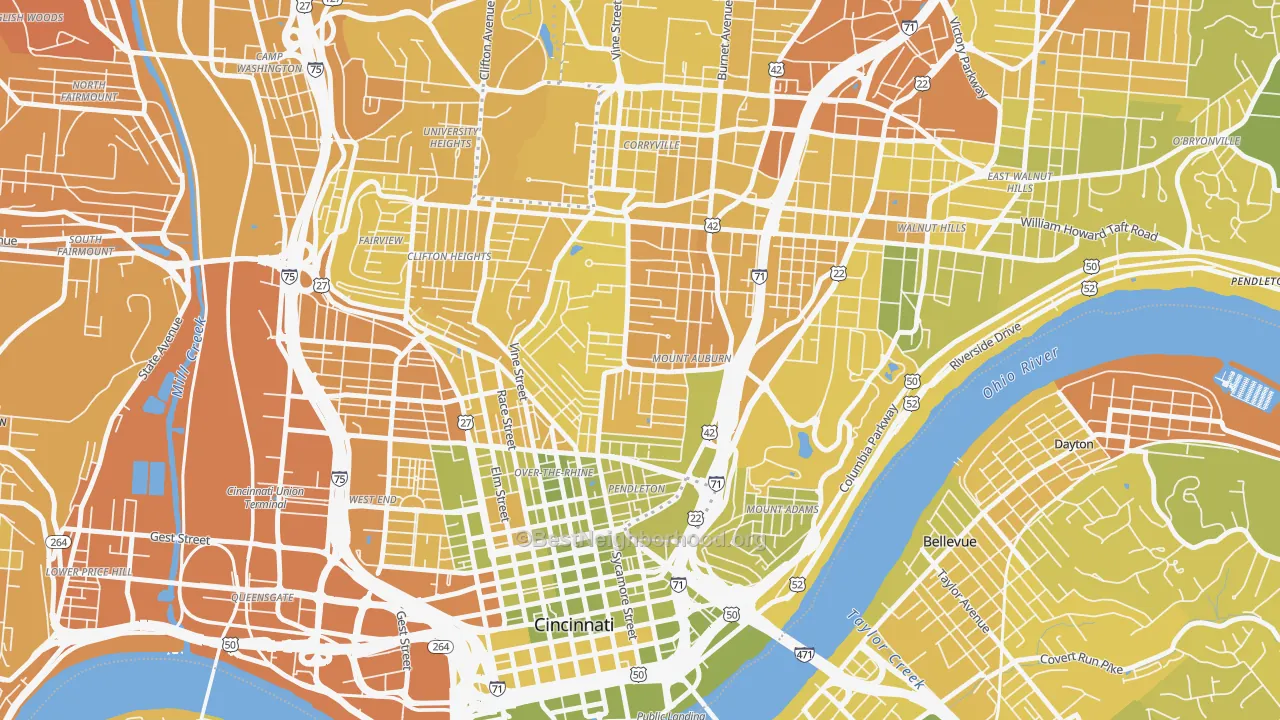 Map of the best neighborhoods in the Mount Auburn, Cincinnati area, with better matches in green and worse matches in red