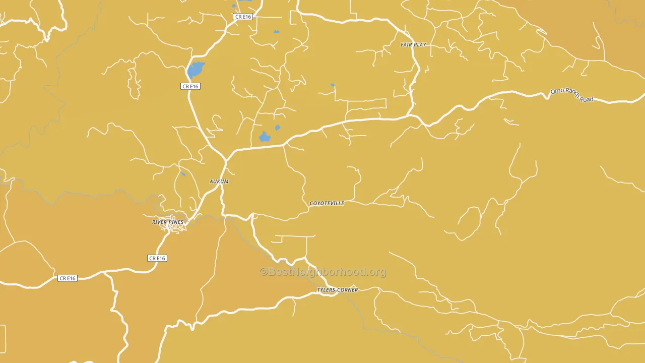 Map of the best neighborhoods in the Mount Aukum area, with better matches in green and worse matches in red