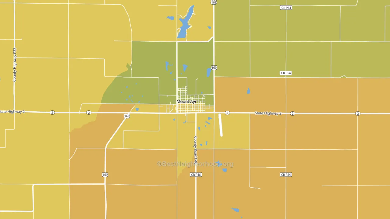 Map of the best neighborhoods in the Mount Ayr area, with better matches in green and worse matches in red
