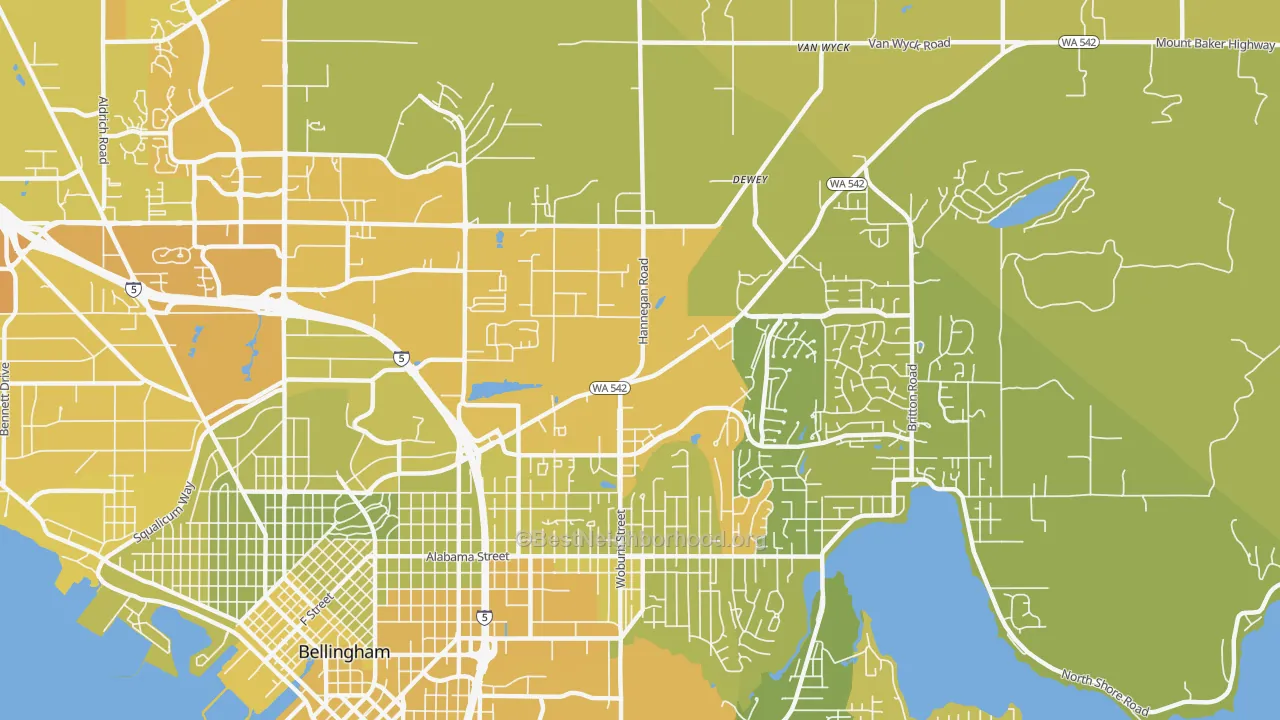 Map of the best neighborhoods in the Mount Baker, Bellingham area, with better matches in green and worse matches in red