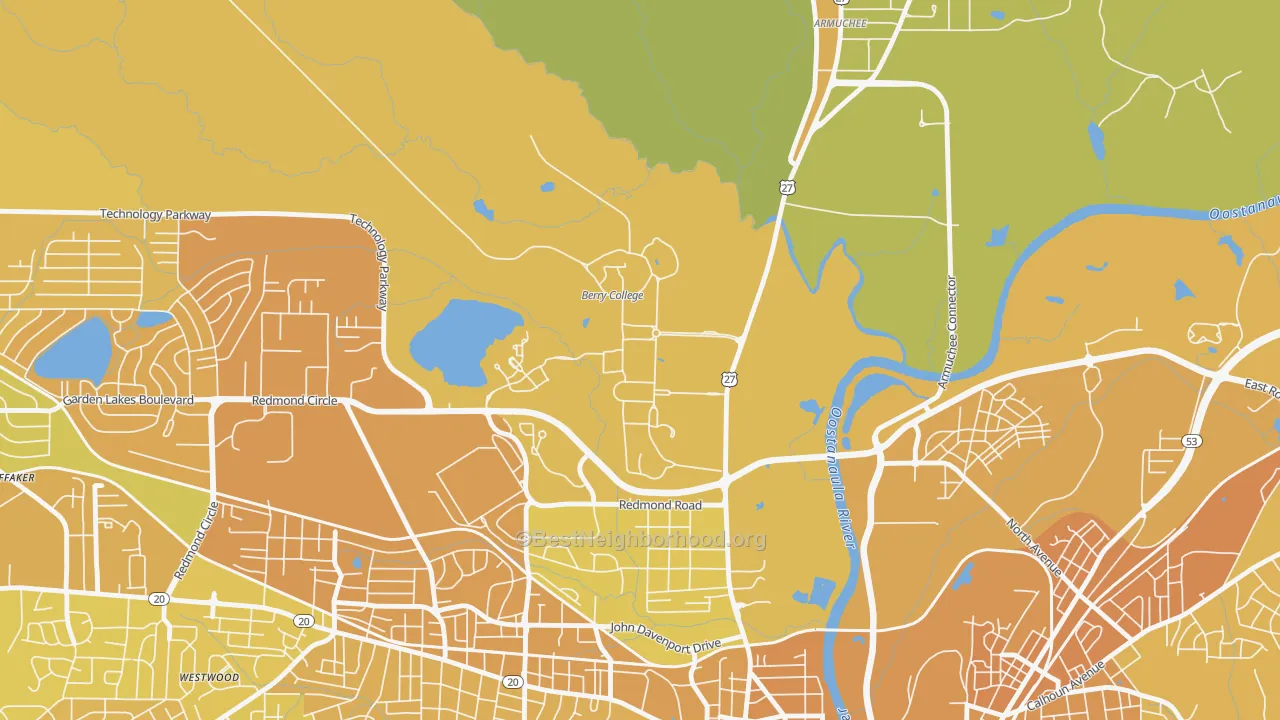 Map of the best neighborhoods in the Mount Berry area, with better matches in green and worse matches in red