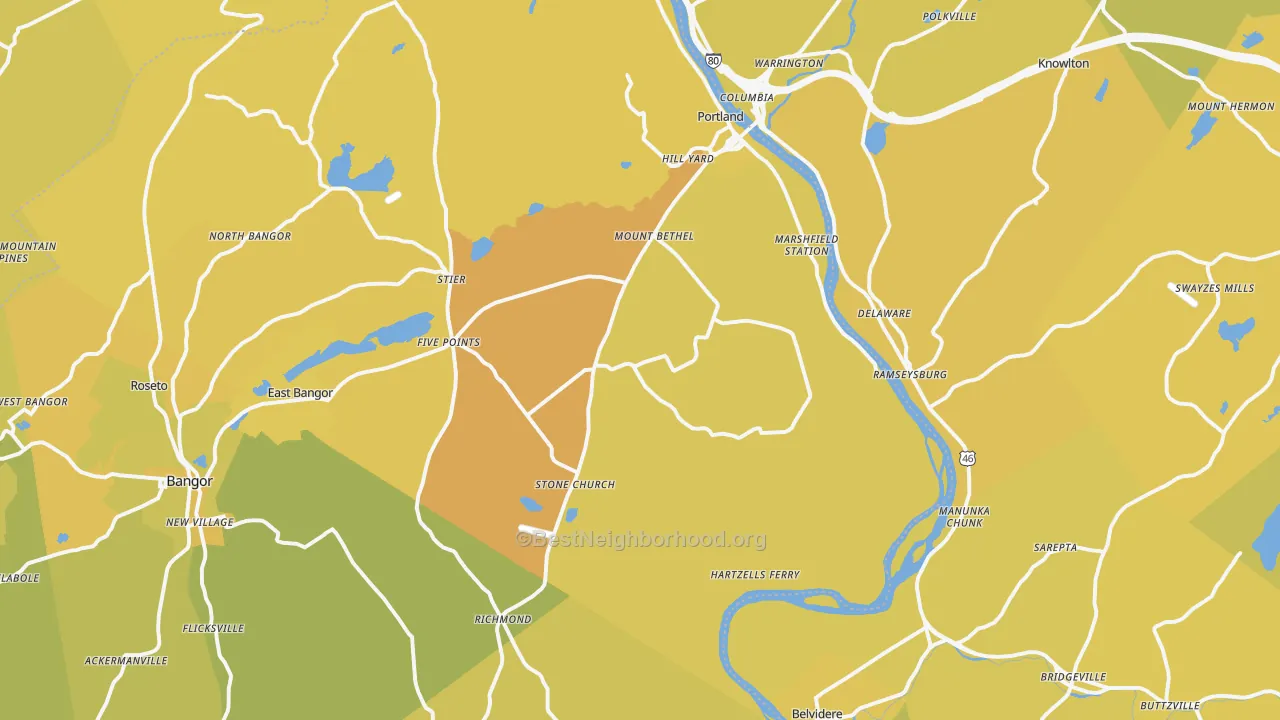 Map of the best neighborhoods in the Mount Bethel area, with better matches in green and worse matches in red
