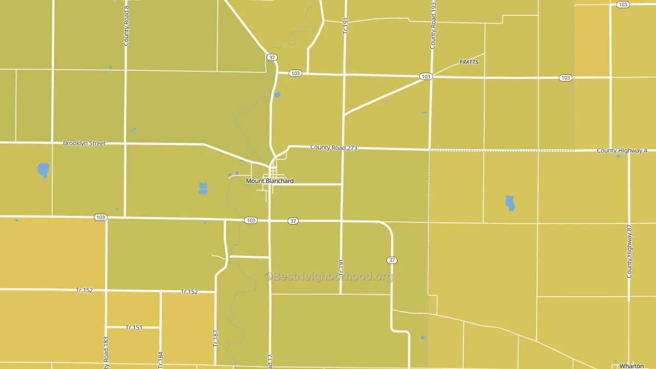 Map of the best neighborhoods in the Mount Blanchard area, with better matches in green and worse matches in red