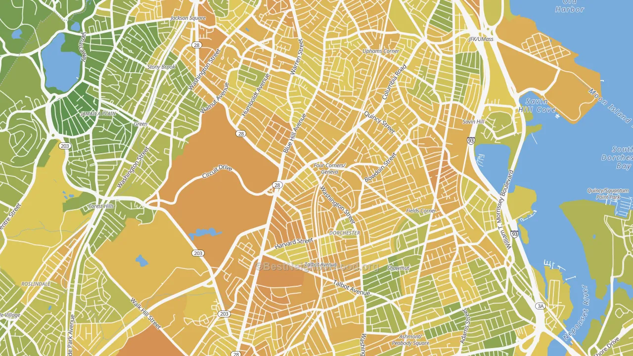 Map of the best neighborhoods in the Mount Bowdoin, Boston area, with better matches in green and worse matches in red