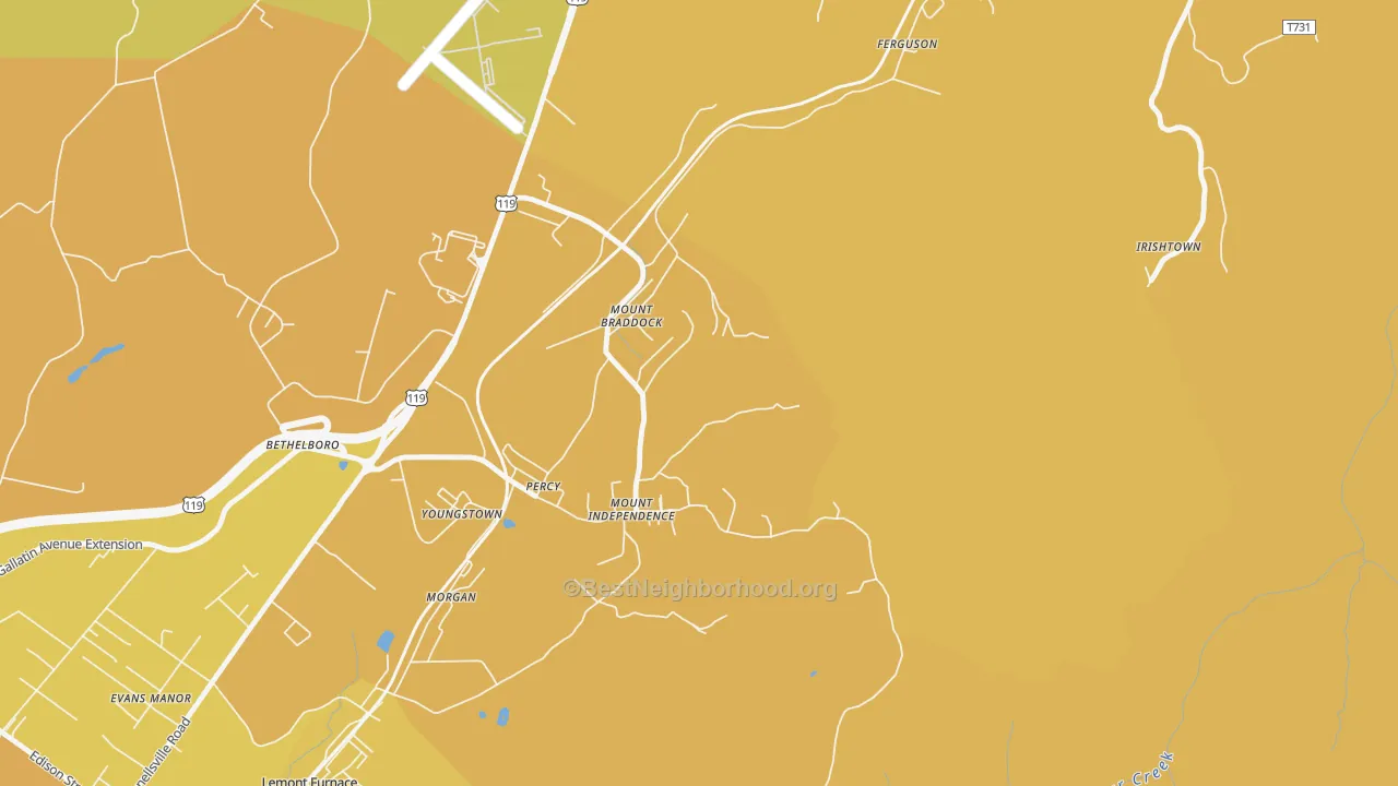 Map of the best neighborhoods in the Mount Braddock area, with better matches in green and worse matches in red
