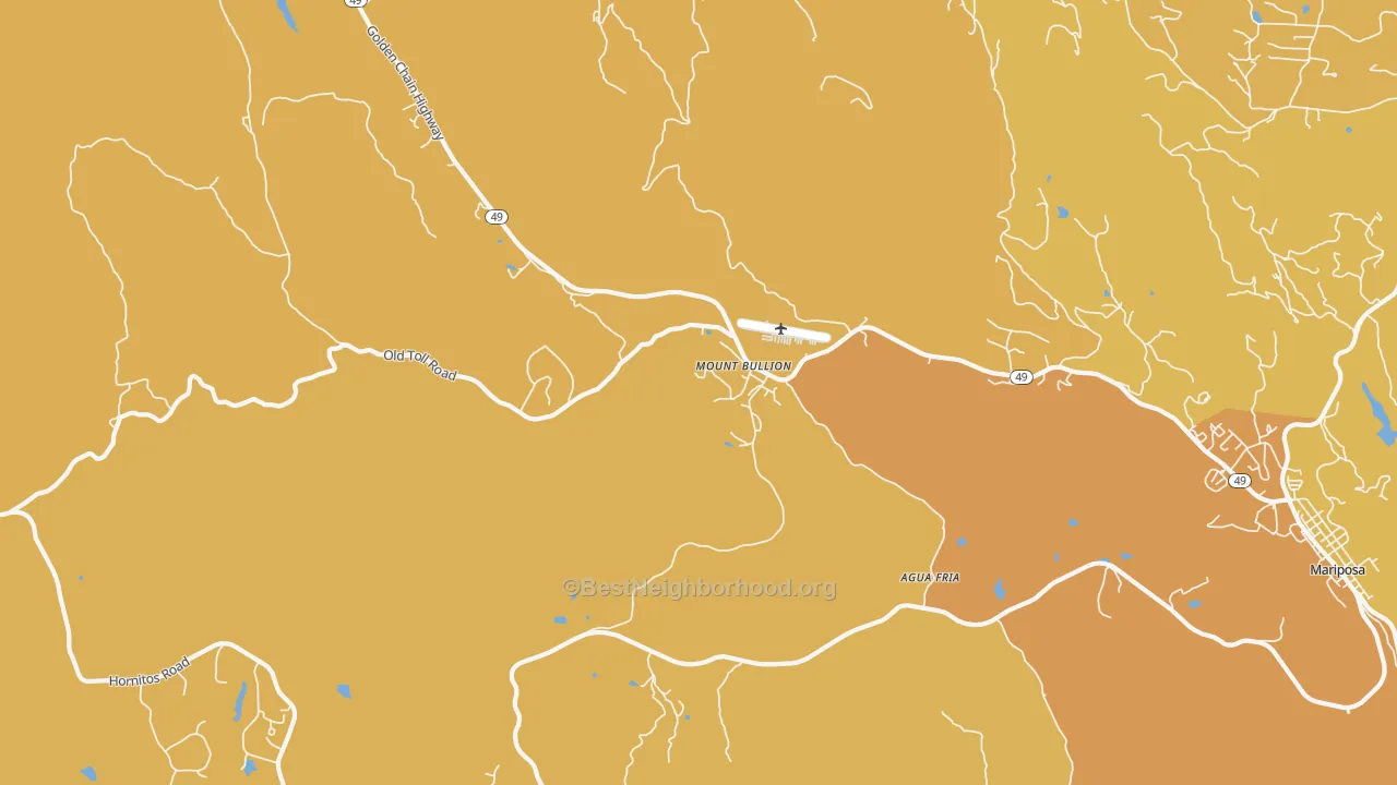 Map of the best neighborhoods in the Mount Bullion area, with better matches in green and worse matches in red