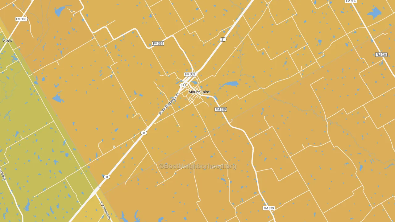 Map of the best neighborhoods in the Mount Calm area, with better matches in green and worse matches in red