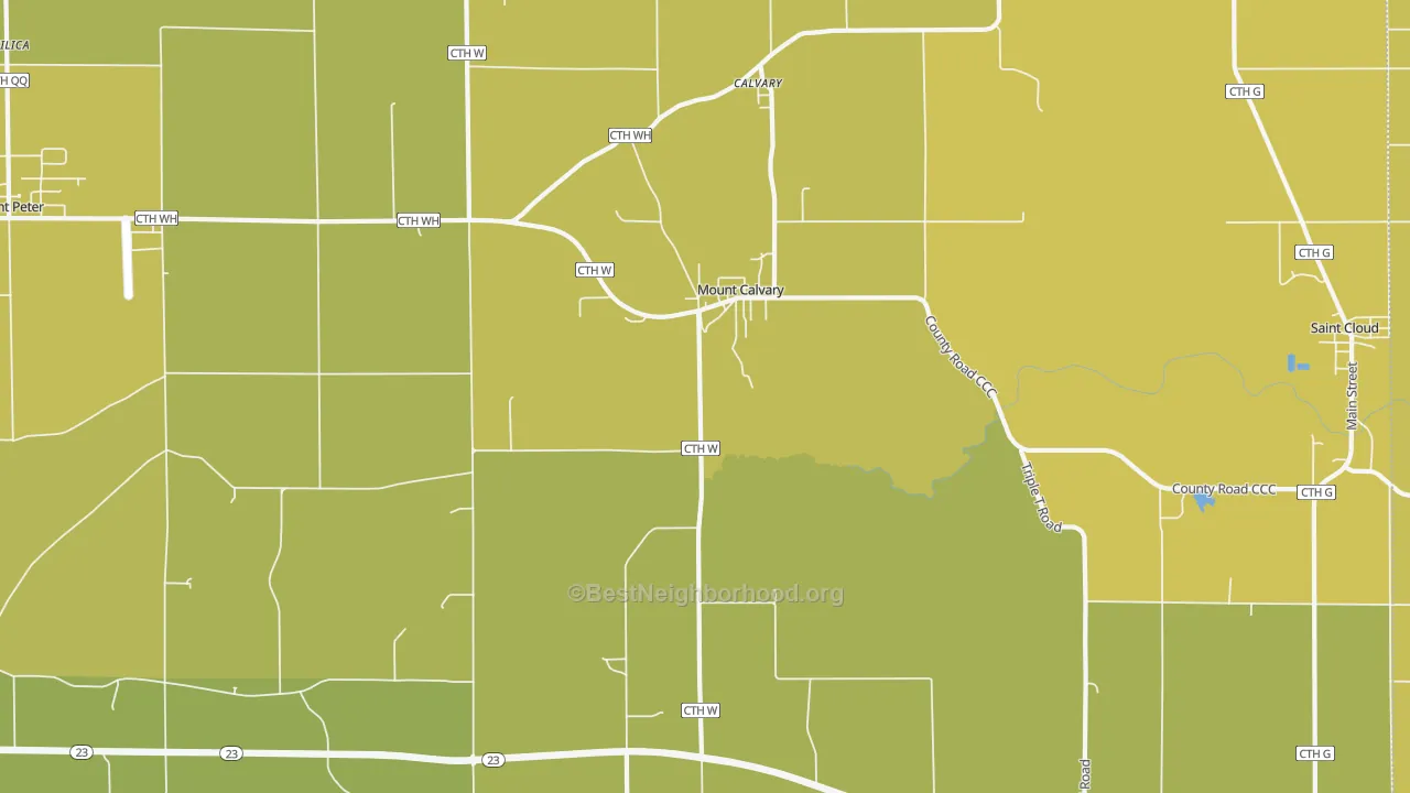 Map of the best neighborhoods in the Mount Calvary area, with better matches in green and worse matches in red