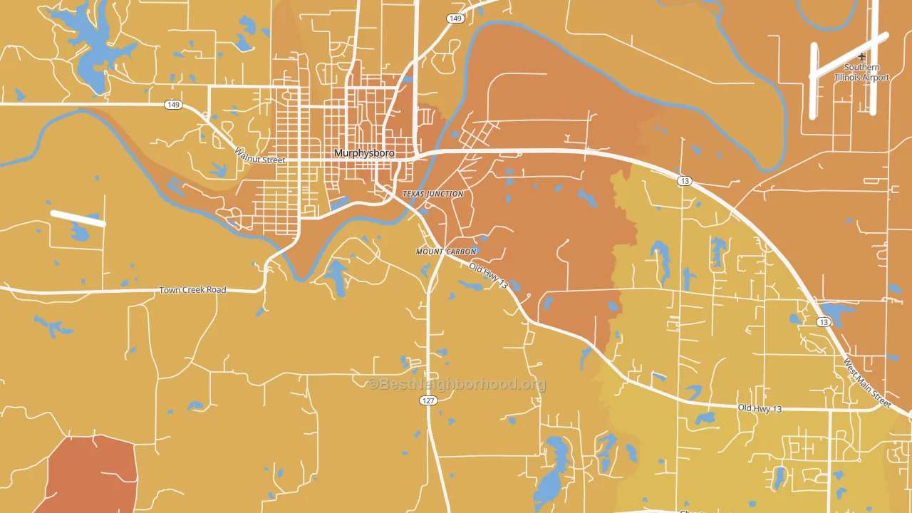 Map of the best neighborhoods in the Mount Carbon area, with better matches in green and worse matches in red