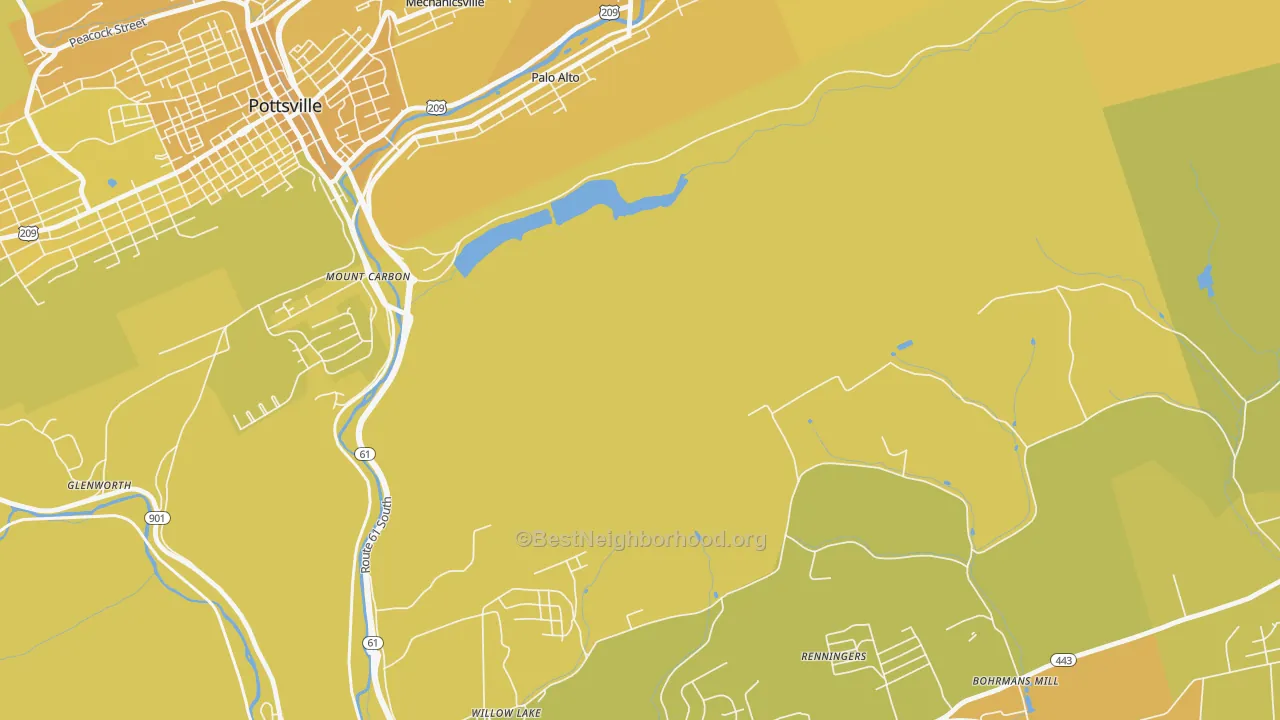 Map of the best neighborhoods in the Mount Carbon area, with better matches in green and worse matches in red