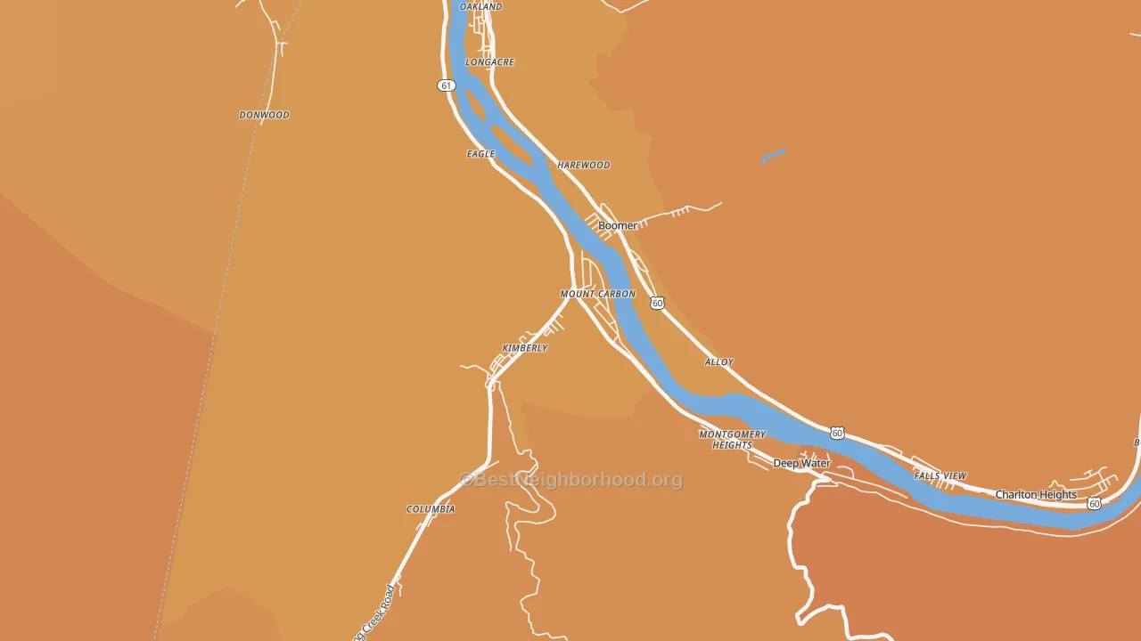 Map of the best neighborhoods in the Mount Carbon area, with better matches in green and worse matches in red