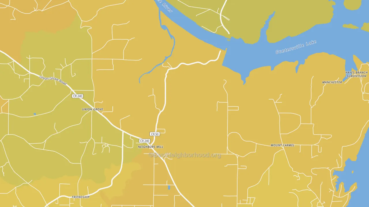 Map of the best neighborhoods in the Mount Carmel area, with better matches in green and worse matches in red