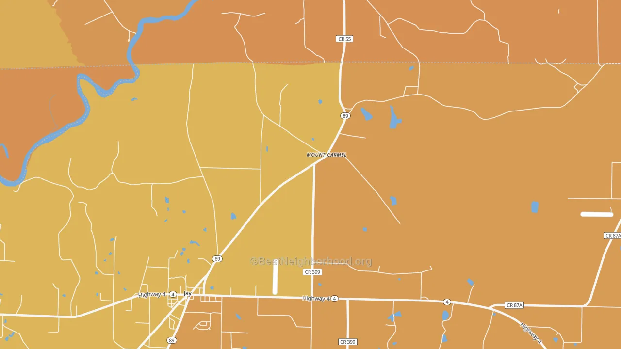 Map of the best neighborhoods in the Mount Carmel area, with better matches in green and worse matches in red
