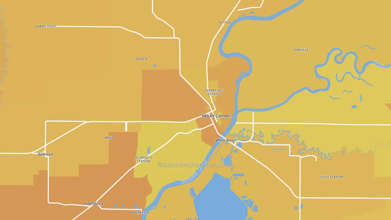 Map of the best neighborhoods in the Mount Carmel area, with better matches in green and worse matches in red