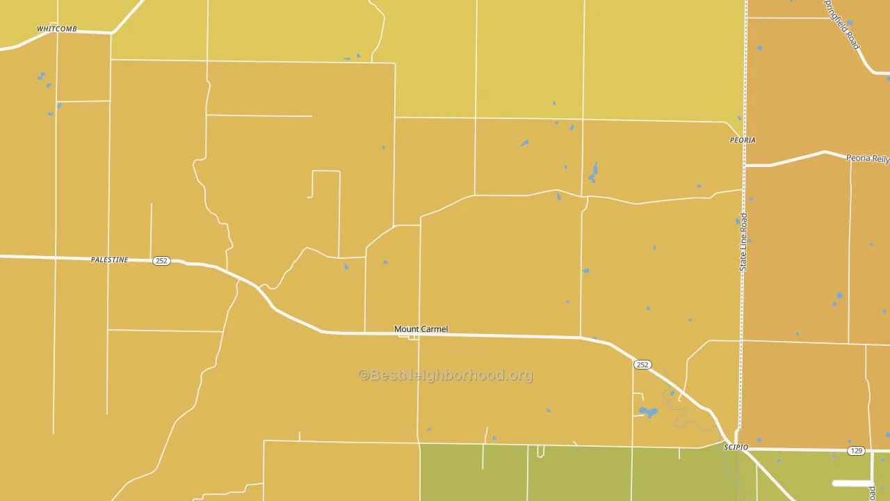 Map of the best neighborhoods in the Mount Carmel area, with better matches in green and worse matches in red