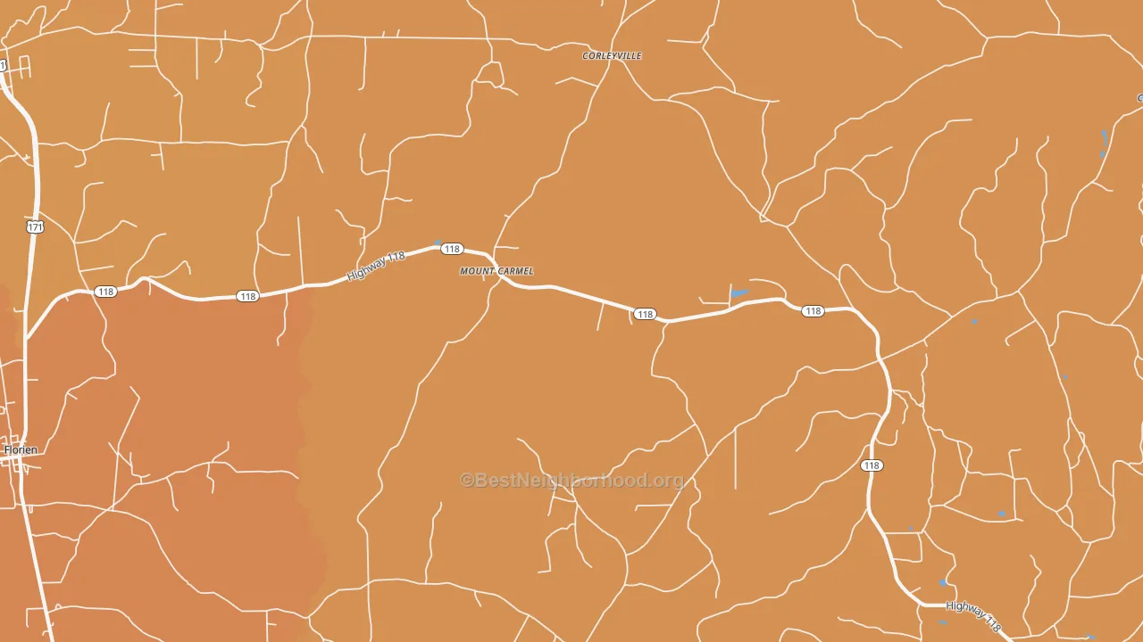 Map of the best neighborhoods in the Mount Carmel area, with better matches in green and worse matches in red