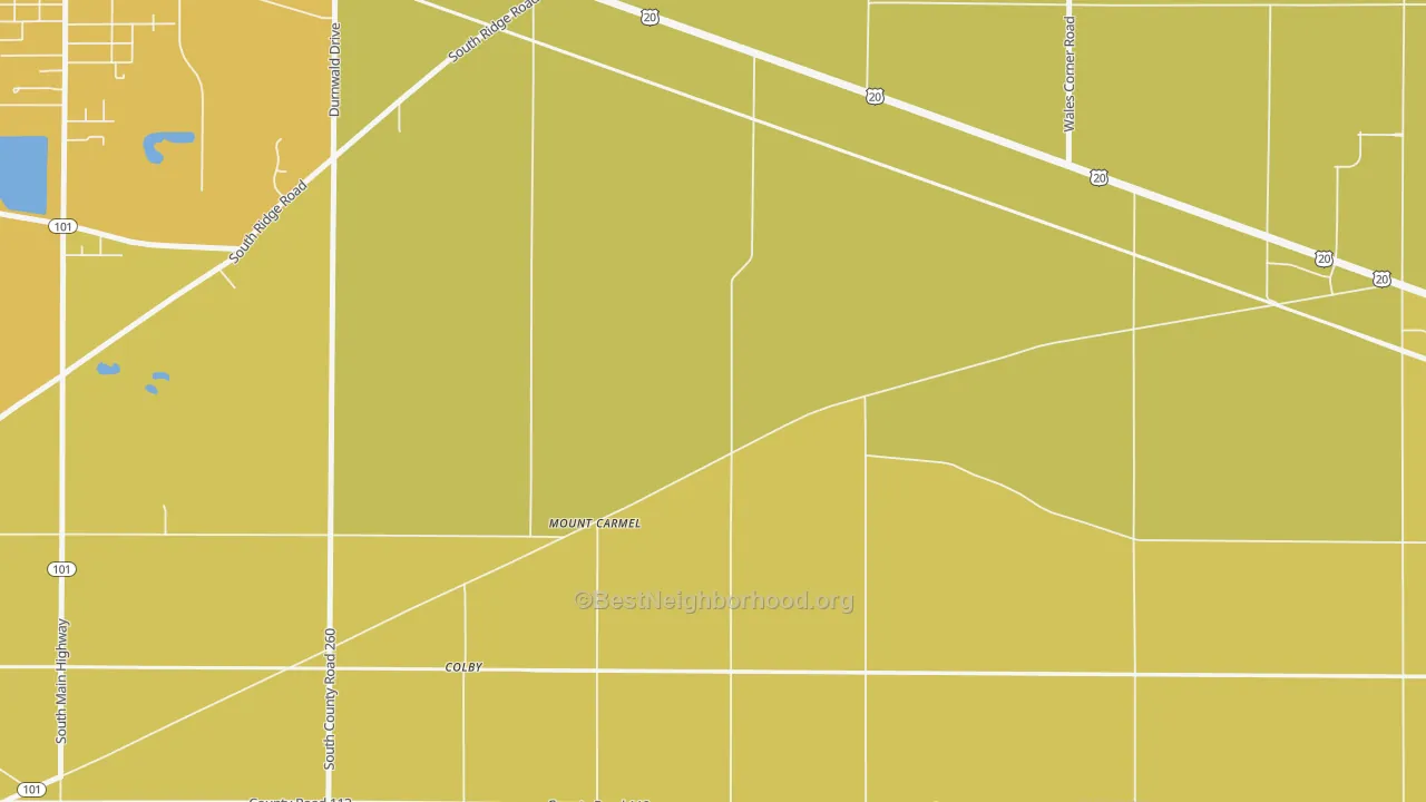 Map of the best neighborhoods in the Mount Carmel area, with better matches in green and worse matches in red