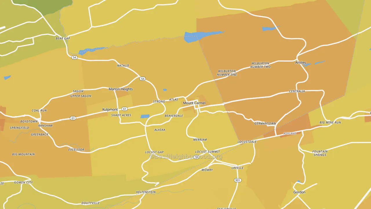 Map of the best neighborhoods in the Mount Carmel area, with better matches in green and worse matches in red
