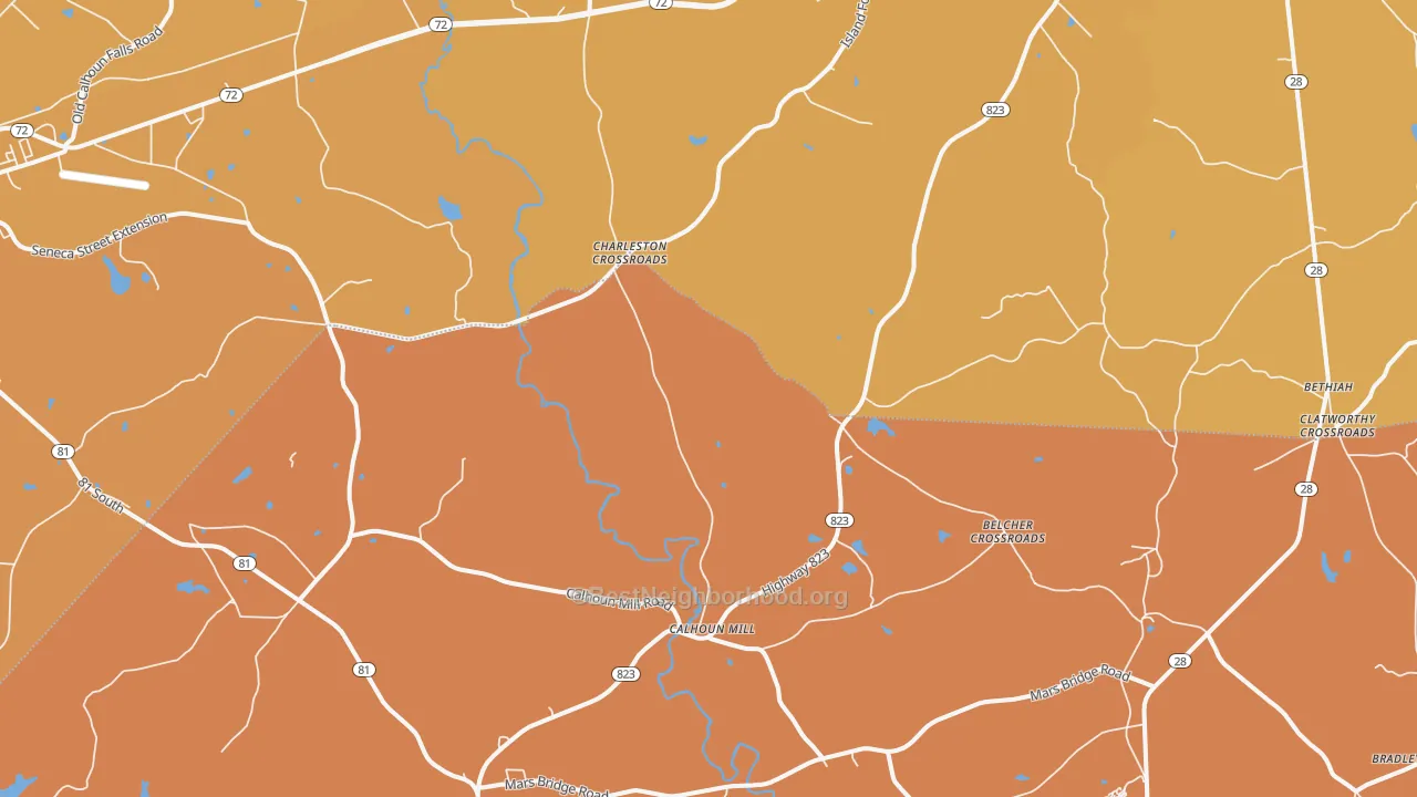 Map of the best neighborhoods in the Mount Carmel area, with better matches in green and worse matches in red