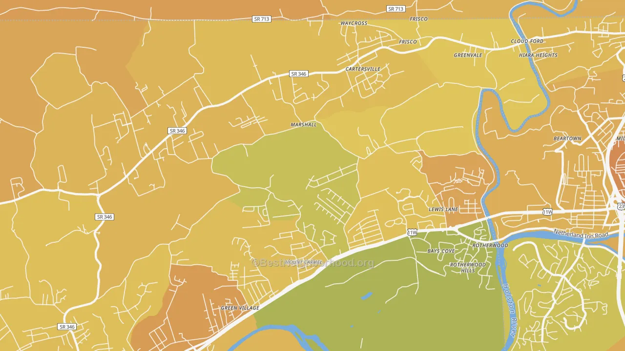 Map of the best neighborhoods in the Mount Carmel area, with better matches in green and worse matches in red