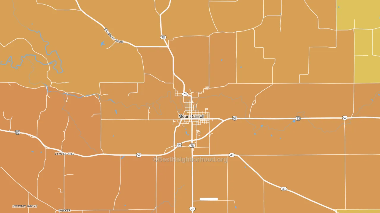 Map of the best neighborhoods in the Mount Carroll area, with better matches in green and worse matches in red