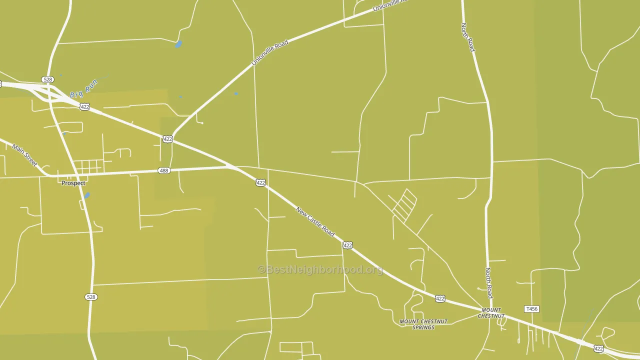 Map of the best neighborhoods in the Mount Chestnut Springs area, with better matches in green and worse matches in red