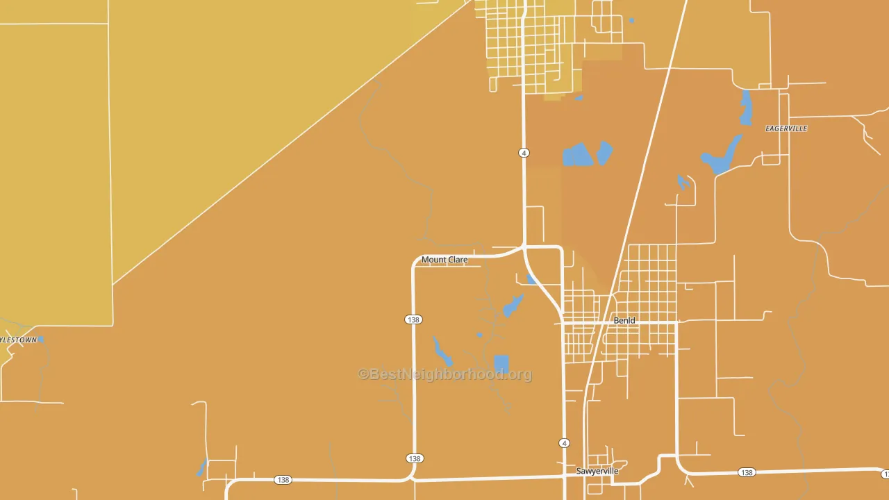 Map of the best neighborhoods in the Mount Clare area, with better matches in green and worse matches in red