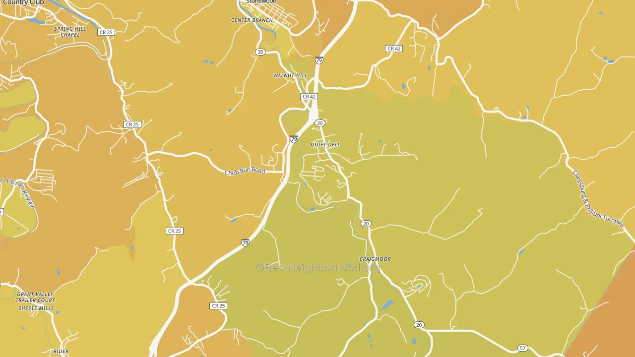 Map of the best neighborhoods in the Mount Clare area, with better matches in green and worse matches in red
