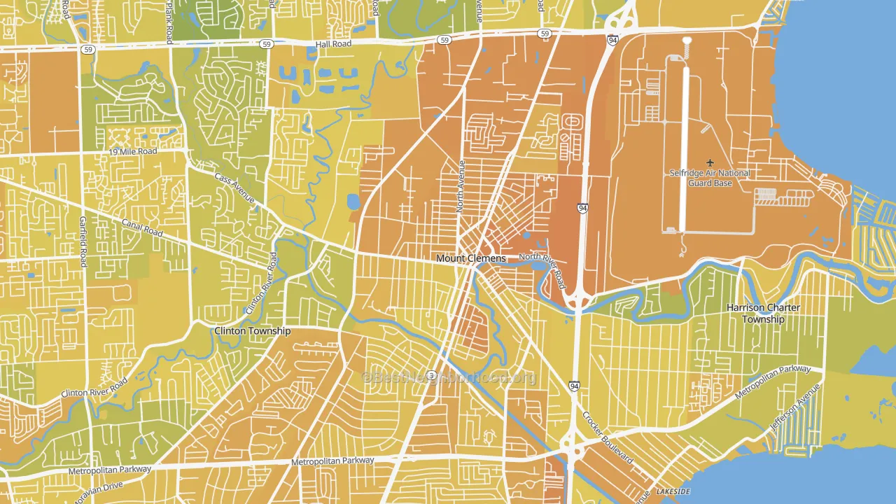Map of the best neighborhoods in the Mount Clemens area, with better matches in green and worse matches in red