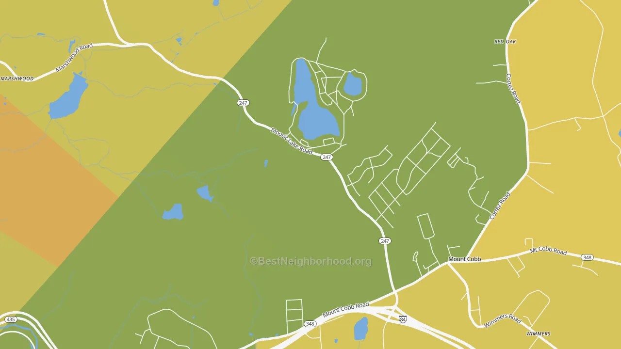 Map of the best neighborhoods in the Mount Cobb area, with better matches in green and worse matches in red