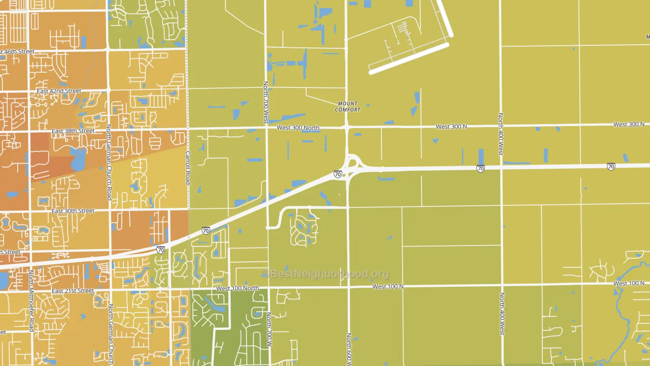 Map of the best neighborhoods in the Mount Comfort area, with better matches in green and worse matches in red