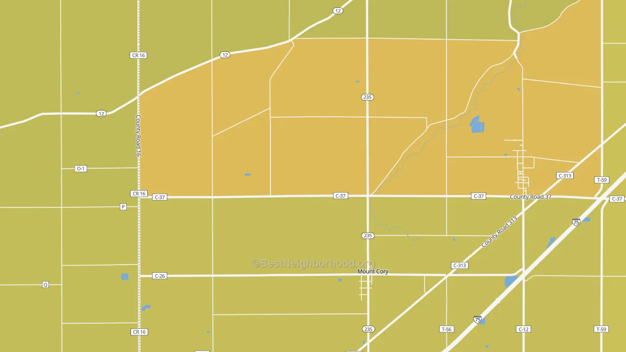 Map of the best neighborhoods in the Mount Cory area, with better matches in green and worse matches in red