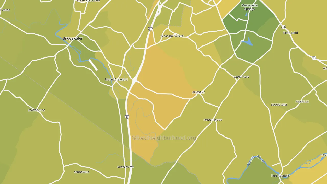 Map of the best neighborhoods in the Mount Crawford area, with better matches in green and worse matches in red
