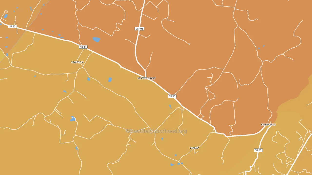 Map of the best neighborhoods in the Mount Crest area, with better matches in green and worse matches in red