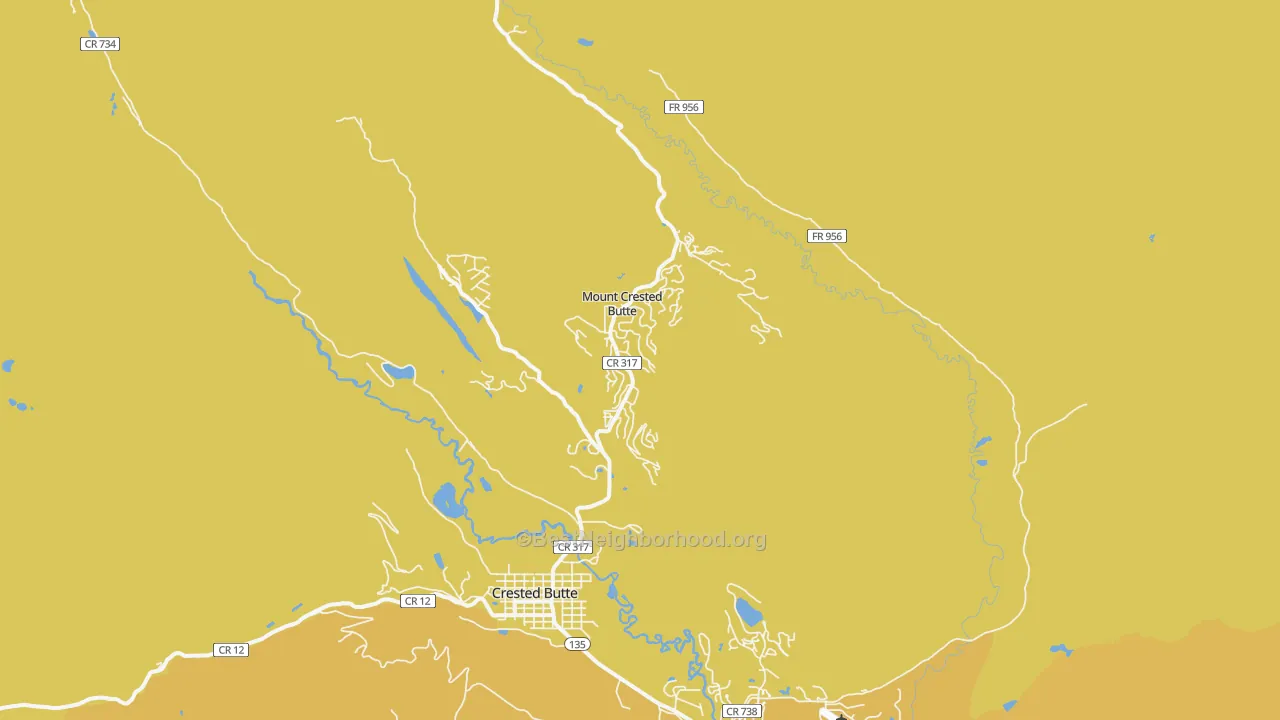 Map of the best neighborhoods in the Mount Crested Butte area, with better matches in green and worse matches in red